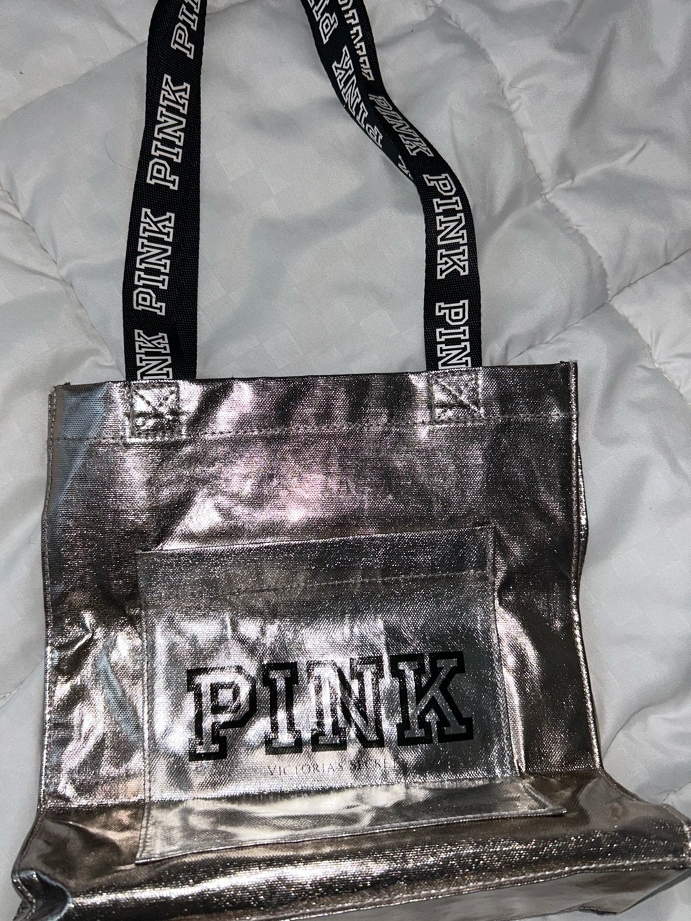 PINK Victoria's Secret Metallic Rose Silver Tote with Logo Straps